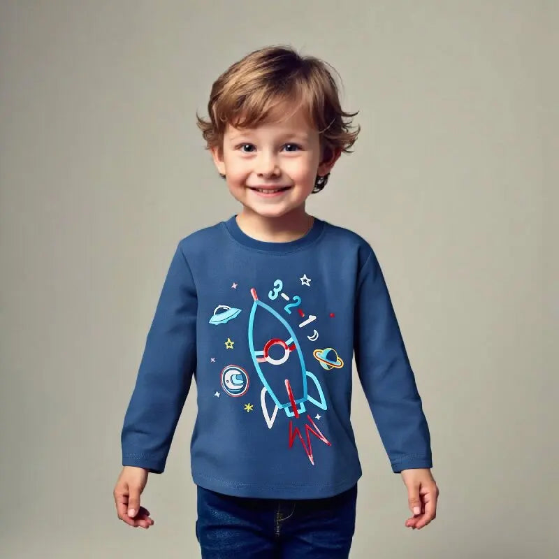 Little maven Autumn Spring Baby Boys Long Sleeve T Shirt Cartoon Rocket Boys T-Shirts Plane Tops Children's Costume Blue Tees