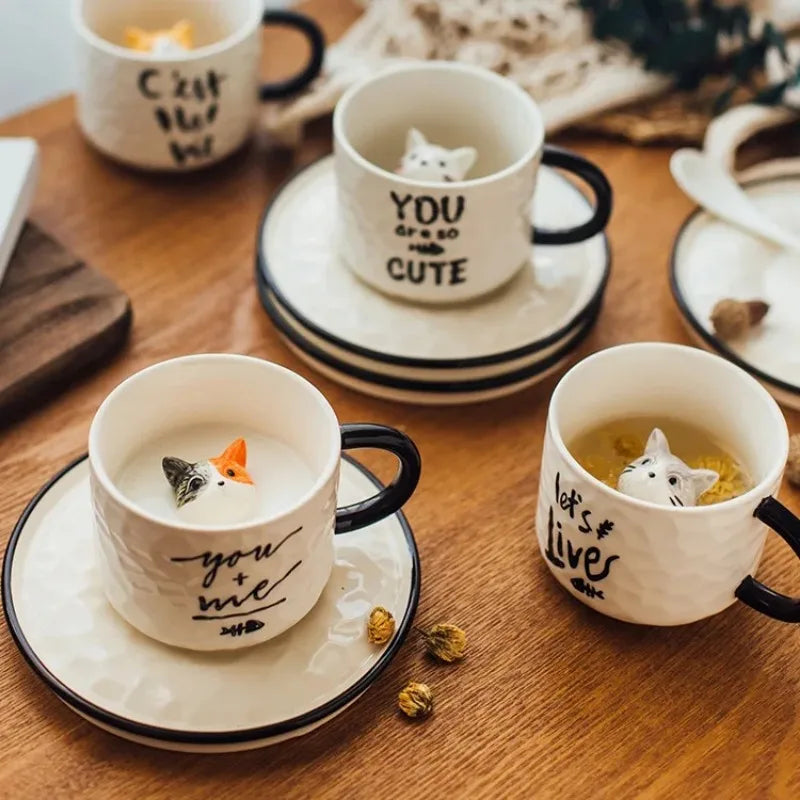 Modern Cartoon Cute Cat Ceramic Coffee Cup with Saucer Cute Cat Animal Porcelain Mug for Kids Birthday Gift Breakfast Milk Mug