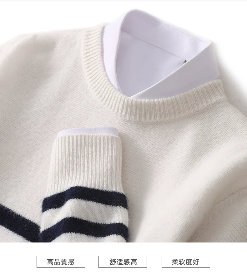 2024 Autumn/Winter New Round Neck 100% Pure Wool Sweater Men's Casual Loose Thick Sweater Striped Knitted Base Cashmere Sweaters