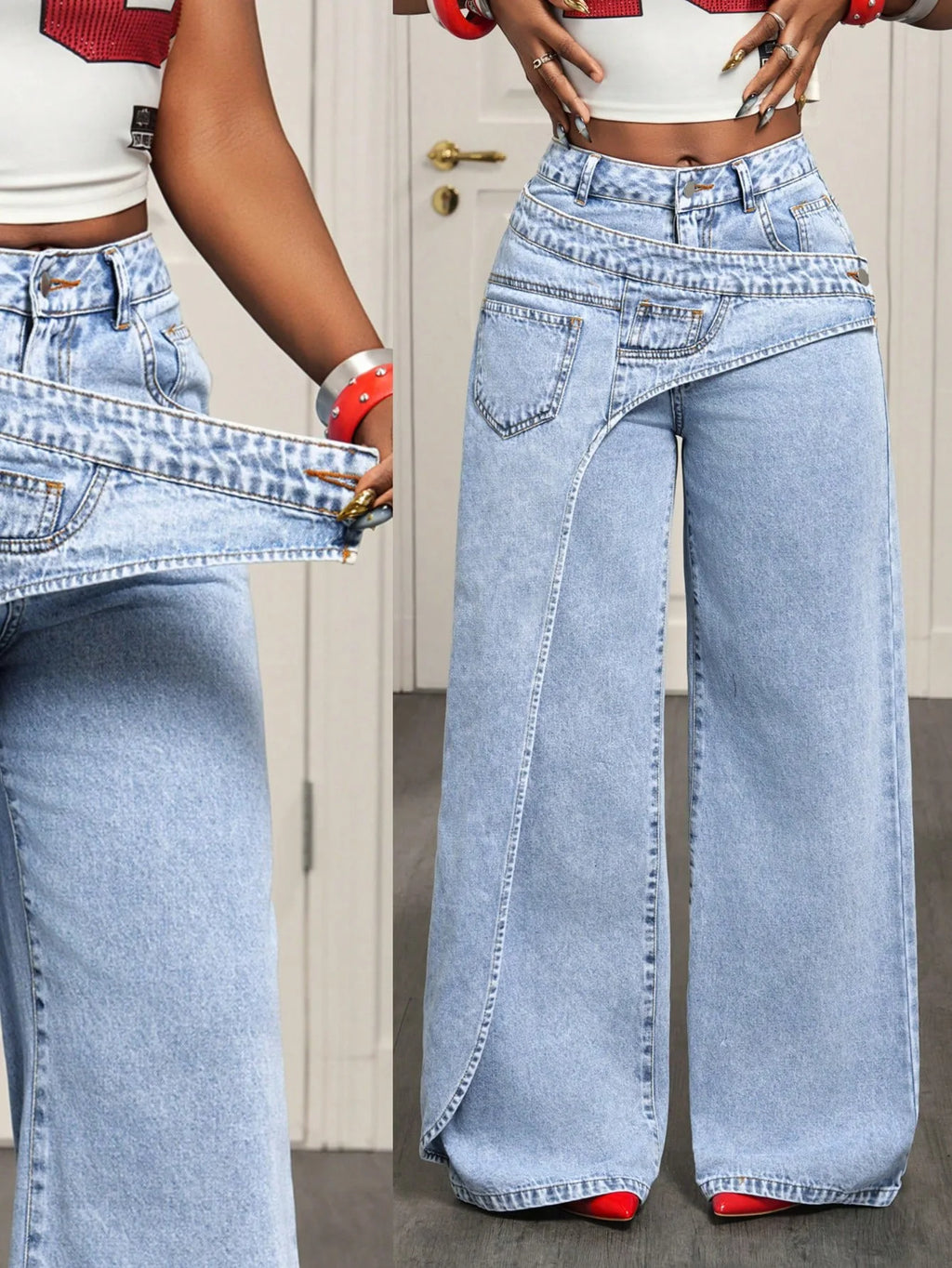 Women Designer Denim Pant Jeans Vintage Wide Leg Big Pockets Floor Pants High Waist Y2k Streetwear Elegant Casual Loose Trousers