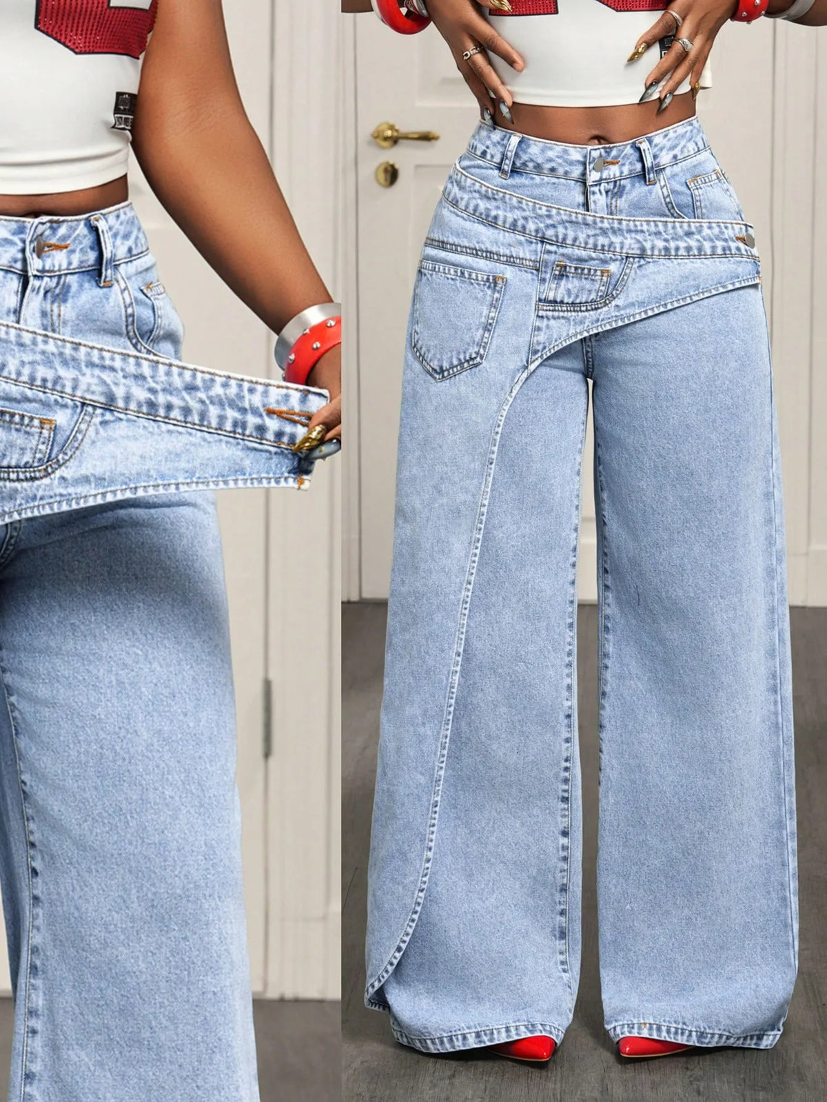 Women Designer Denim Pant Jeans Vintage Wide Leg Big Pockets Floor Pants High Waist Y2k Streetwear Elegant Casual Loose Trousers