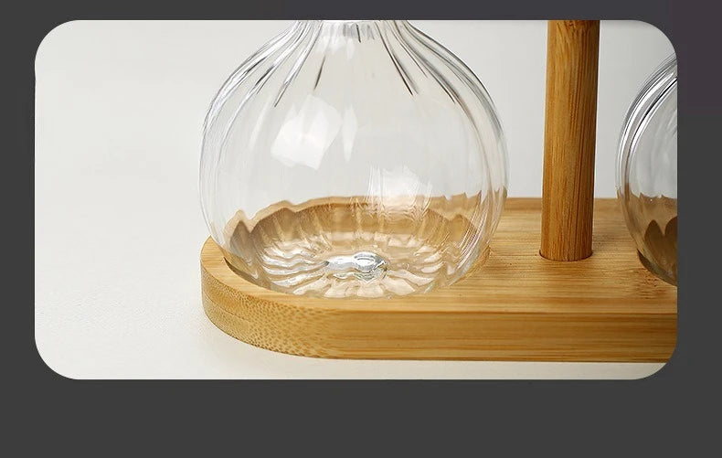 Household 300-350ml Heat-resistant Glass Oil Pot with Wooden Stand, Liquid Seasoning Bottle, Striped Sauce and Vinegar Oil Pot