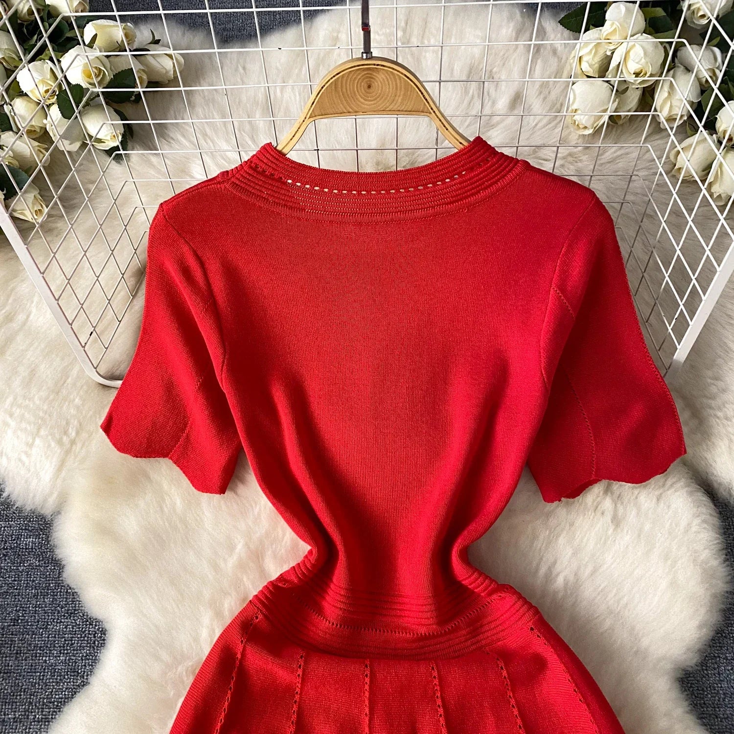 Red Senior Solid Knitting Dress Ladies O-Neck Short Sleeve Hollow Out Design Elastic Knitted Fashion Basic A-Line Dress