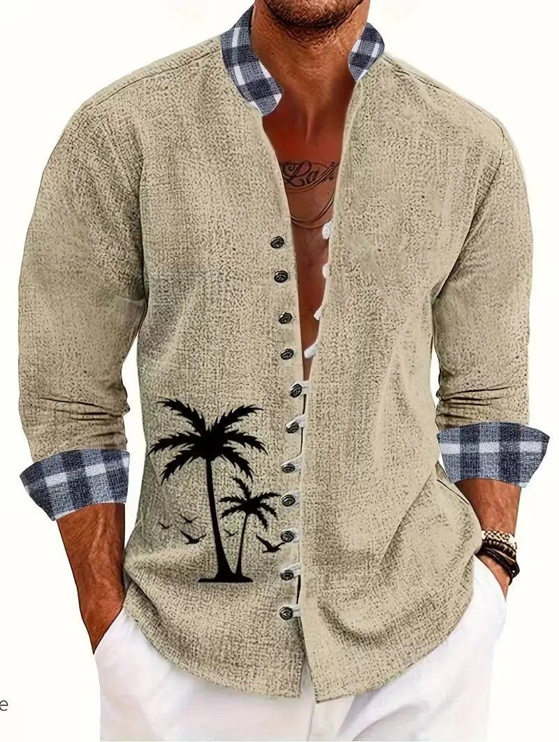 Men's Ethnic Embroidery Long Sleeved Shirt with Red and Black Floral Pattern, Comfortable and Fashionable Linen Long Shirt