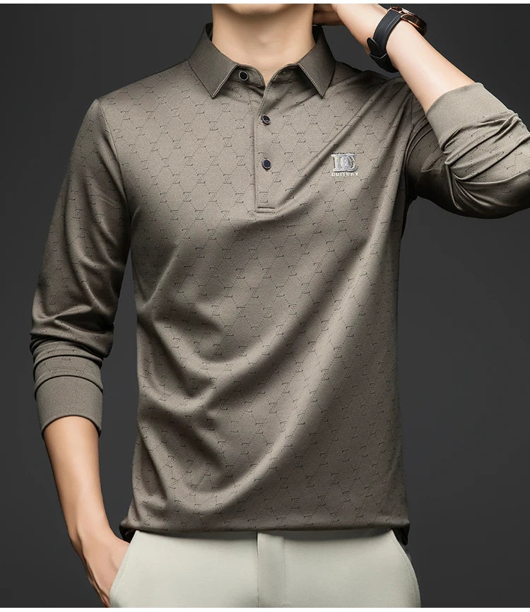 BROWON 2026 Spring Autumn Elegant Polo Shirts for Men Long Sleeve Lapel Color Printed Soft Comfortable Males Tops and Tees