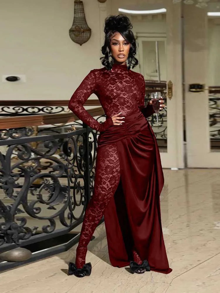 Spring Elegant Woman Jumpsuit Sexy Transparent Lace Full-length Jumpsuit Long Sleeve Jumpsuit with Dress Wholesale Dropshipping