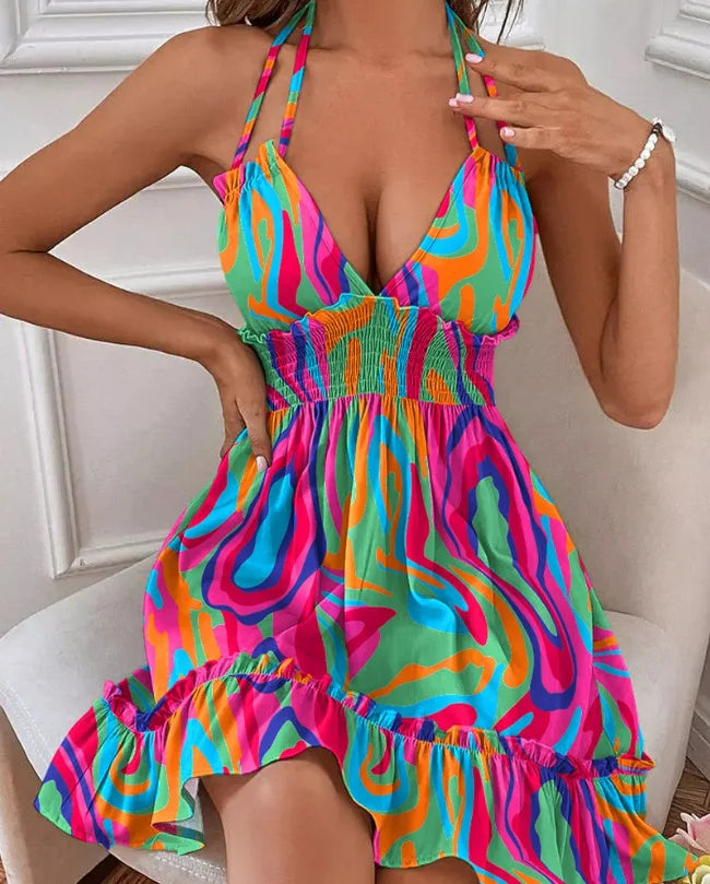Women Summer Halter Deep V Neck Sundress Sexy Backless Ruffled Smocked Short Dress Waist Open Back Dress Mini Skater Dress 2024