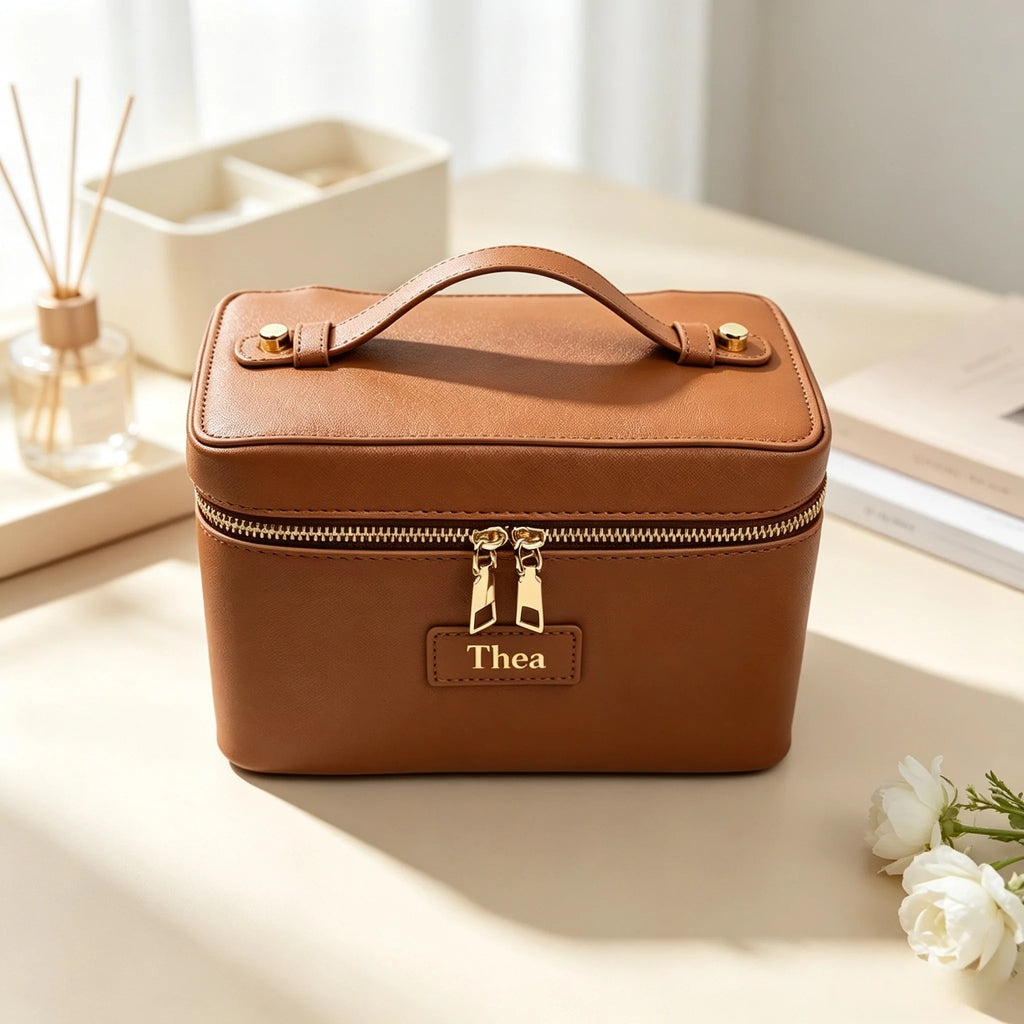Customized Name PU Leather Cosmetic Bag with Zoned Storage and Large Capacity Travel Toiletry Bag for Autumn Winter New Arrivals