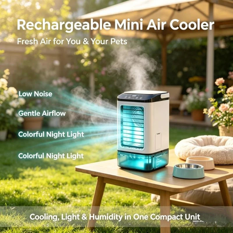 Portable Evaporative Rechargeable Mini Air Cooler 900ml Tank 3‑Speed Desktop Fan 7‑Color Night Light Humidifier Dorm Travel