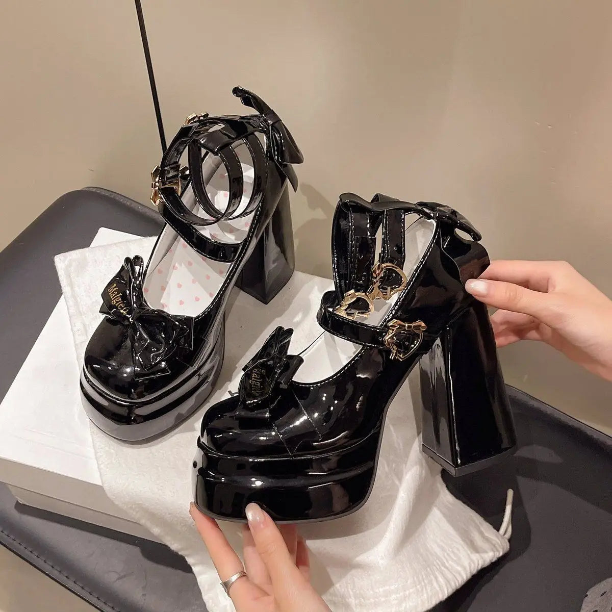 Lolita Shoes Women High Heels Shoes Woman Chunky Sandals Summer Mary Janes PU Leather Shoes Retro Bow Party Platform Pumps