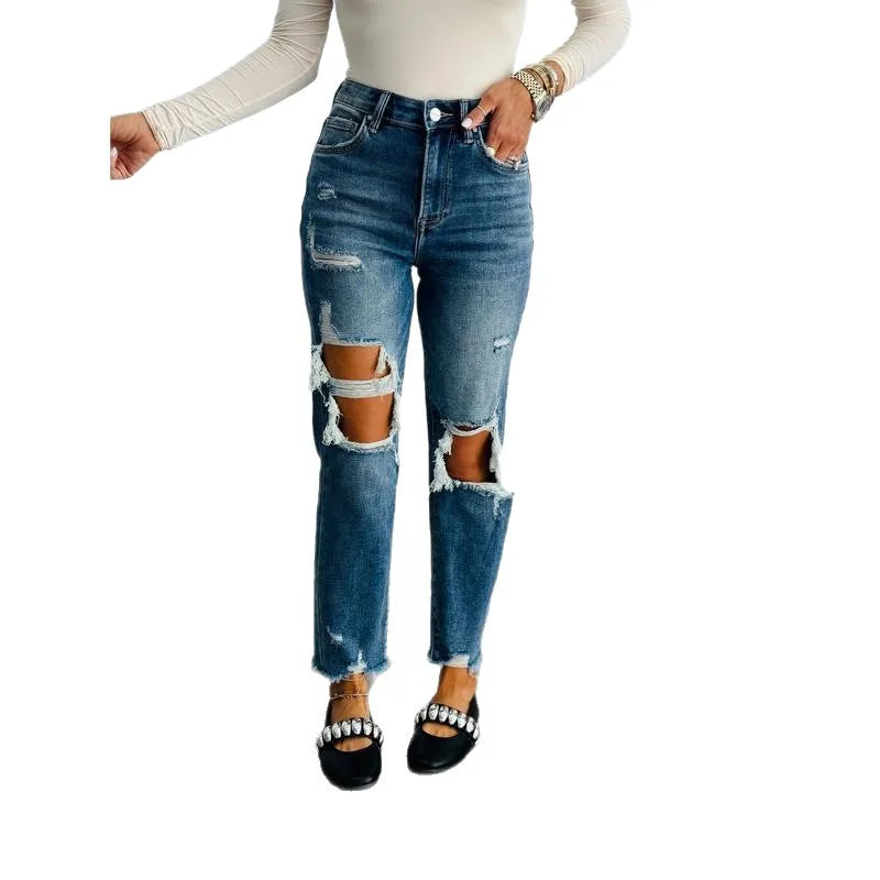 Women High Waist Hole Patched Simple Basic High Waist Simple Basic Denim Pencil Pants American Style New Fashion Female Jeans
