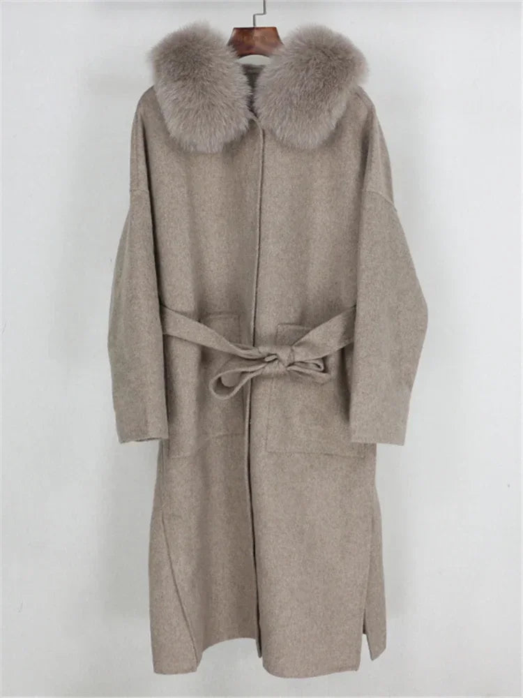 Real Fur Wool Outerwear Wool Blends Coat Natural Fox Fur Collar Hooded Cashmere Winter Jacket for Women Streetwear High Street