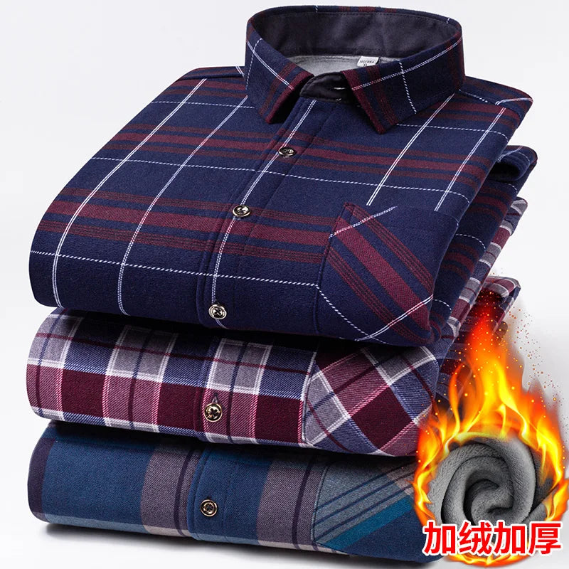 Men's long-sleeved shirts with added fleece and thickening are warm, casual in winter, skin-friendly, soft and cold-resistant
