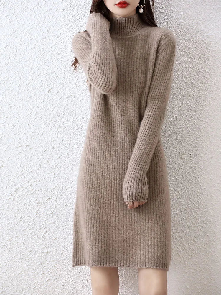Fashion Cashmere Sweater Womens Knitted Dresses 100% Merino Wool Turtleneck Elegant Dress Autumn Winter Long Sleeve Short Skirts