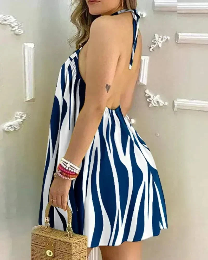 Ladies Sleeveless Beach Dress Halter Neck Tropical Floral Leaf Print Loose Flowy A‑Line Vacation Mini Dress