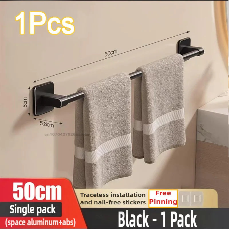 Self-Adhesive Towel Rack Bathroom Towel Holder Without Drilling Bathroom Black Corner Shelf Bar 50CM Bathroom Storage Towel Rail
