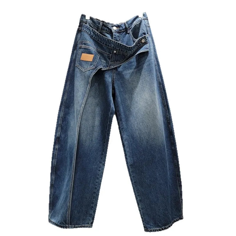 Women Irregular Crossover Waist Wide Leg Jeans Women's 2026 Autumn New Wide Legs Pants Vintage Washed Casual Denim Trousers