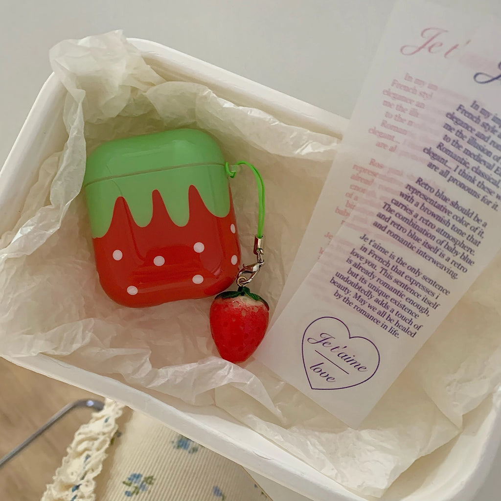 Cute Lovely White Polka Point Red Strawberry Glossy Earphones Cover Case for AirPods 1 2 3 4 5 Pro 2 Pro 3 with Charm Pendant