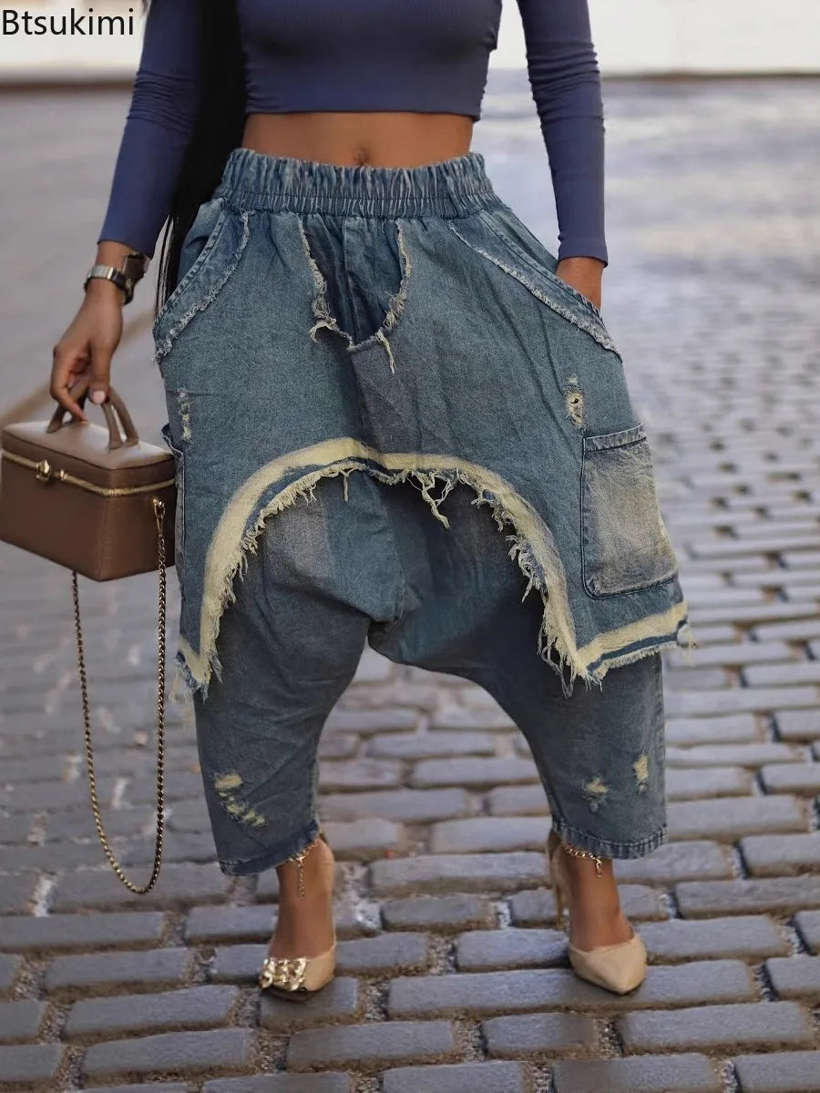 New Vintage Distressed Frayed Ripped Jeans Women's Fashion Loose Harem Pants Casual Hip Hop Streetwear Denim Trousers for Women