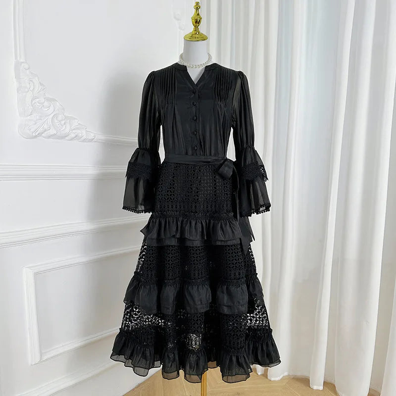 Elegant Hollow Out Lace Dress V-neck Vintage Flare Long Sleeves Chic Bandage A-line Long Dresses French High Street Clothing