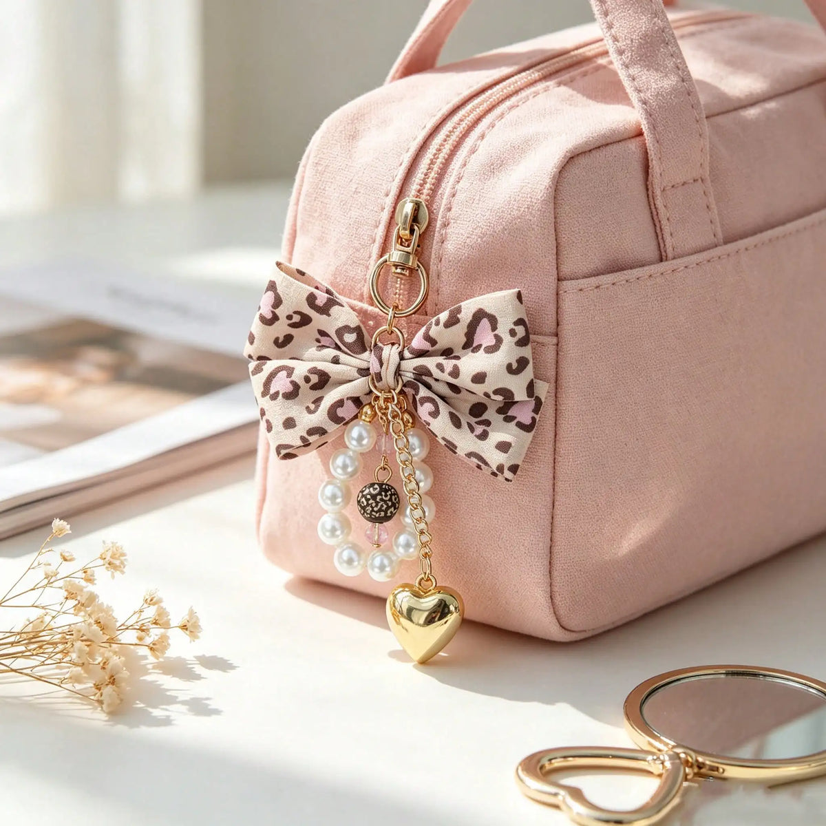 Leopard Print Bow Keychain Heart Pendant Women's Bag Simple Charm Pearl Keychain Beaded Charm Gift For Women