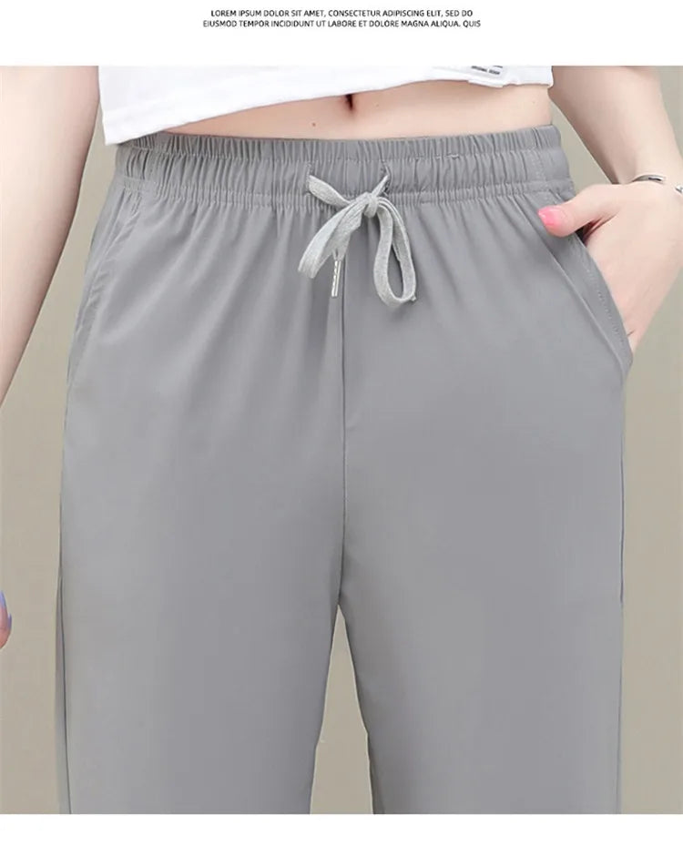New Women'S Fashion Loose Summer Thin Ice Silk Pants Mom'S Casual High Waist Comfortable Versatile Sports 9-Point Trousers