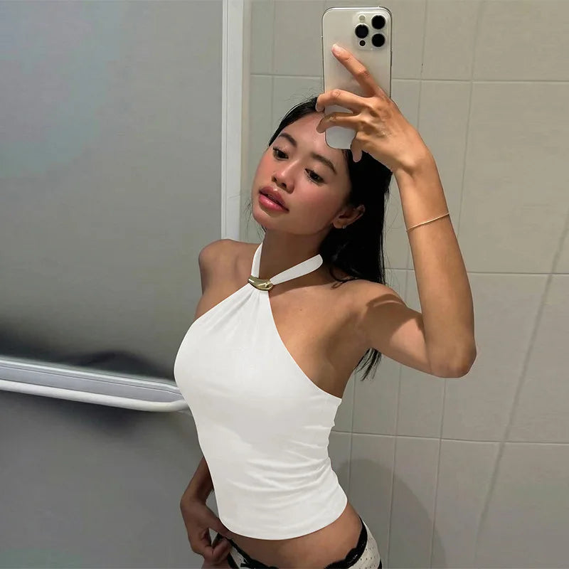 2026 Summer Fashion New Women's Retro Retro Hot Girl Tight Strap Top Hanging Neck Naked Back Sexy Vacation Beach Vest
