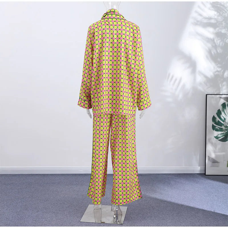 Vacation Geometric Printed Loose Pants Sets Women Lapel Full Sleeve Pocket Shirts Wide Leg Pant Suits 2026 Summer Street Outfit