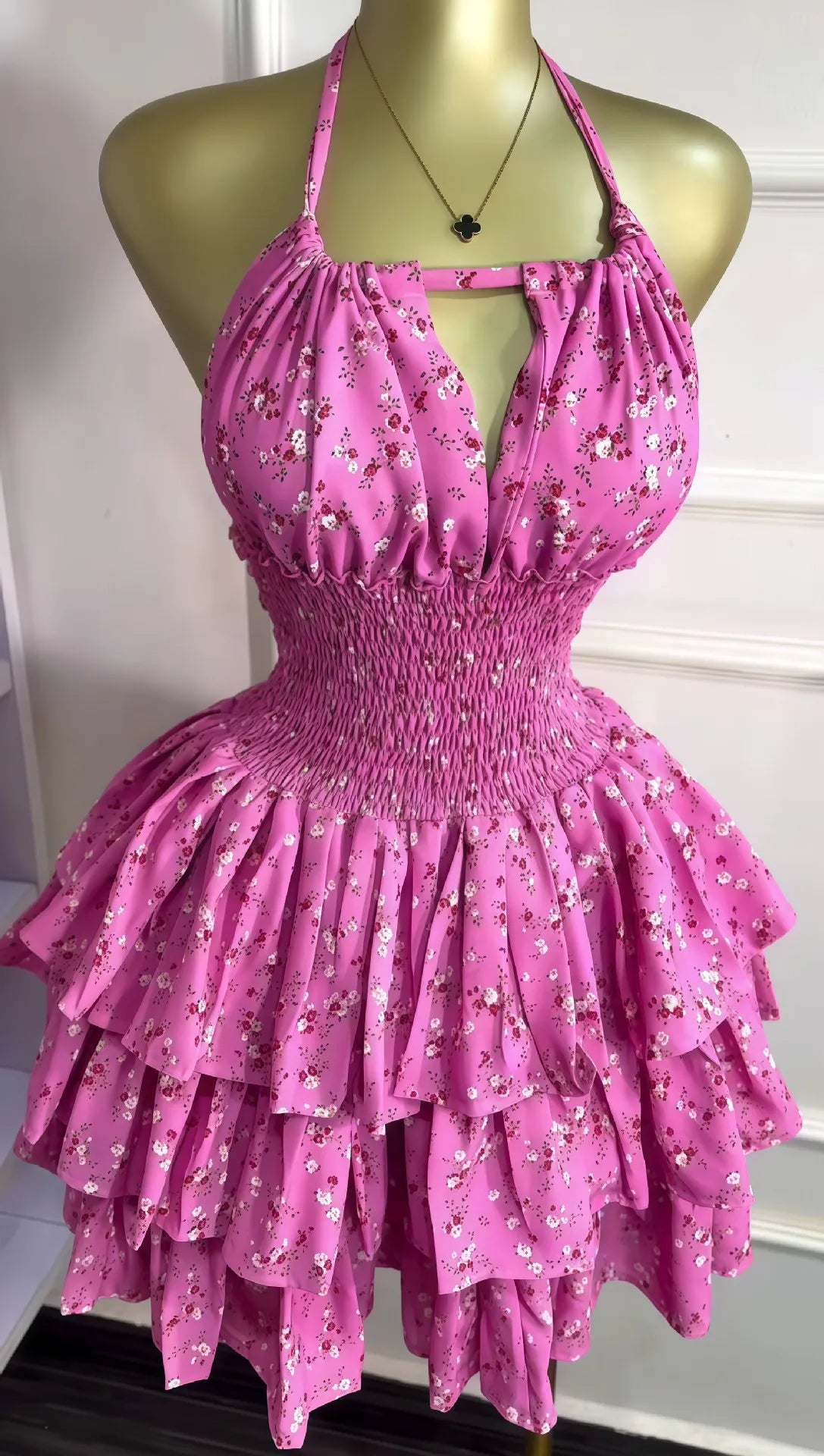 CM.YAYA Women Floral Printed Halter Ruffles Midi A-line Tiered Mini Dress Fall Vacation Elegant Evening Birthday Party Dresses