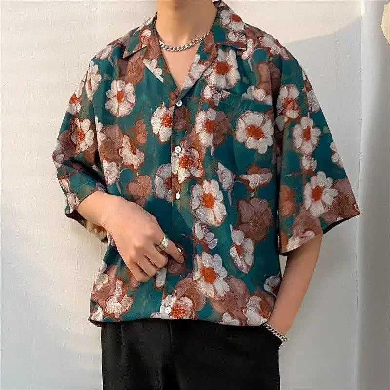 New Summer Casual Short Sleeved Shirt Korean Version Fashionable Men's and Women's Loose Collar Hawaiian Seaside Flower Shirt