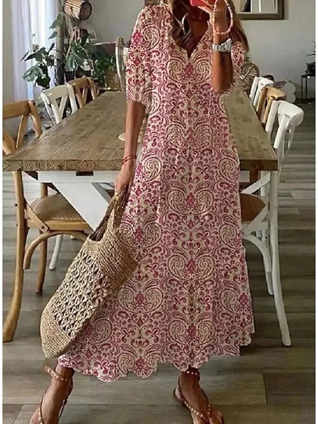 FALL Summer New 2026 Women's Casual Sweet Loose Sexy V-neck Drawstring Fashionable Printed Long Sleeved Boho Bohemian Dresses