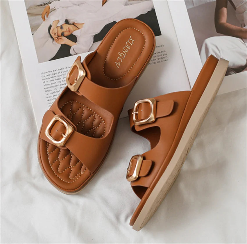 Casual Slippers Women PU Leather Open Toe Double Buckle Flat Summer Outdoors Non-Slip Soft Soles Slip On Beach Footwear Slippers