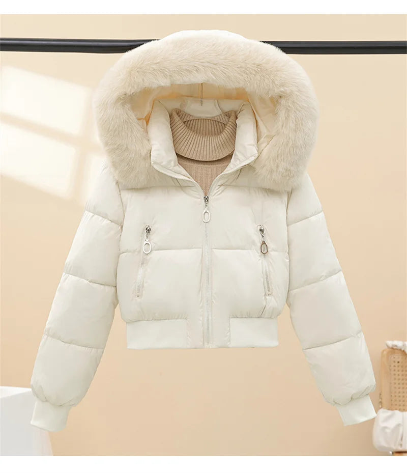 2026 Super-short Cotton-padded Jacket Women's Elastic-waist Winter Coats Fur Collar Hooded Parkas Streetwear Warm Slim Outerwear