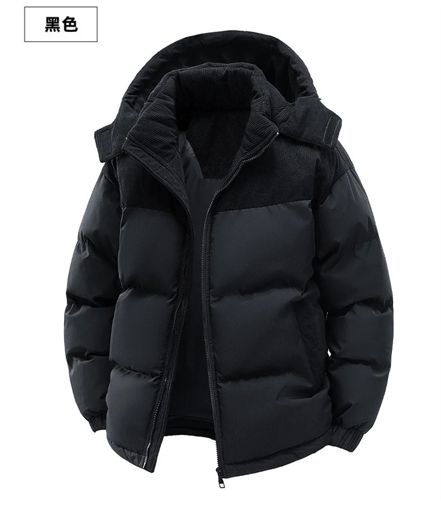 2027 New Patchwork Men Jackets Cotton Padded Corduroy Winter Warm Coat Men's Hooded Windproof Thick Outerwear Mens Clothes