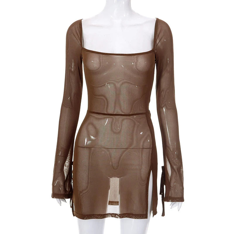 Women's Square Collar Mini Dress Y2K Gauze Long Sleeve Sheer Sexy Night Outfit Clubwear Solid Color