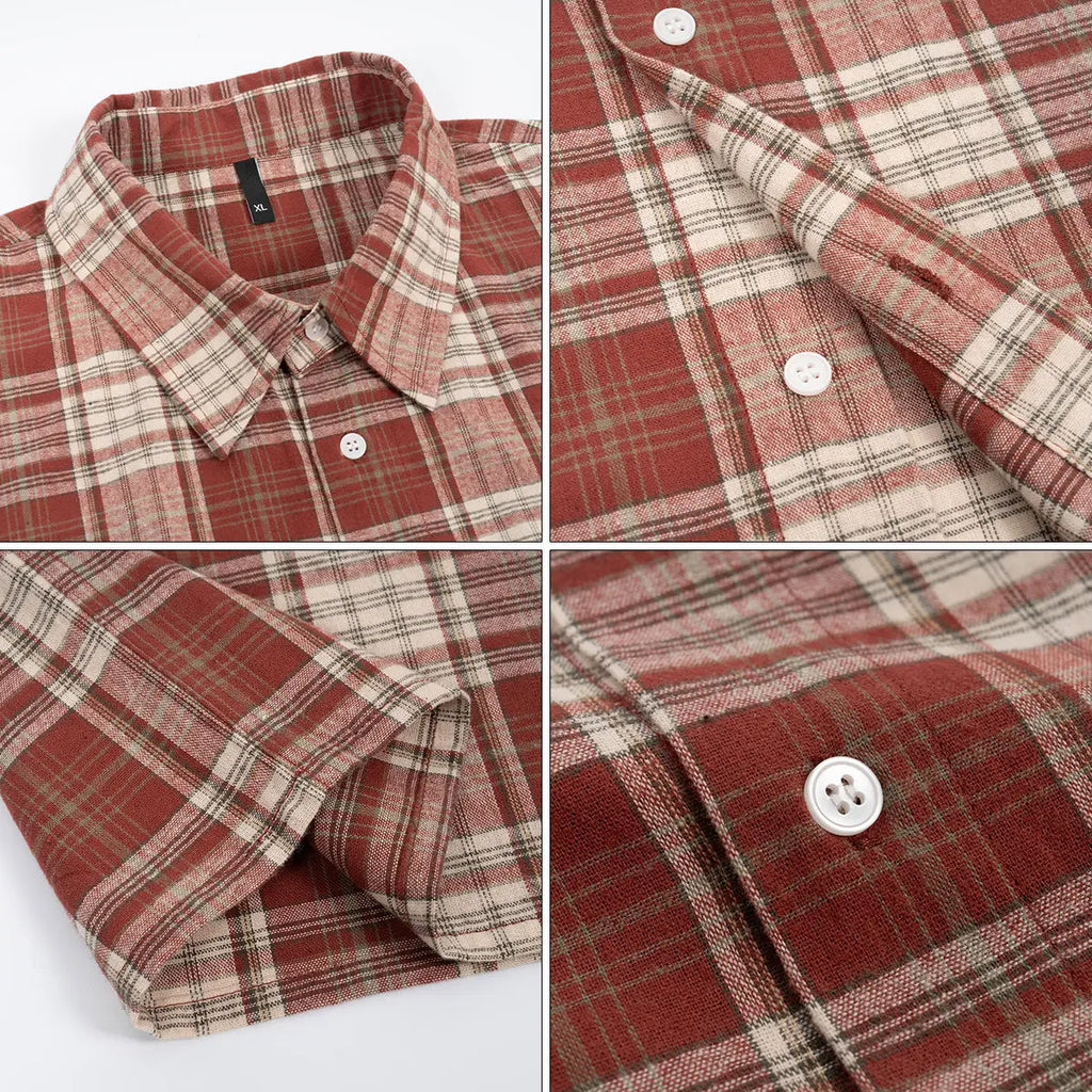 Mens 100% Cotton Short Sleeve Cropped Plaid Shirt for Summer Boxy Fit Button Up Custom Flannel Fashion Street Clothes Unisex