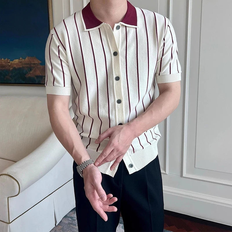 New Men Fashion Knitted Cardigan Tops Casual Patchwork Polo Shirt Leisure Striped Short Sleeve Shirts All-match Breathable Tees