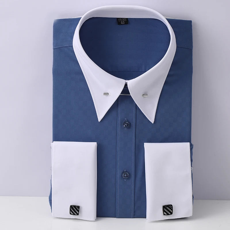 Embroidered French Cufflinks Men's Long-Sleeve Shirt with Collar Pins No tie Big Collar Dress Shirt for Business Formal Gentlema