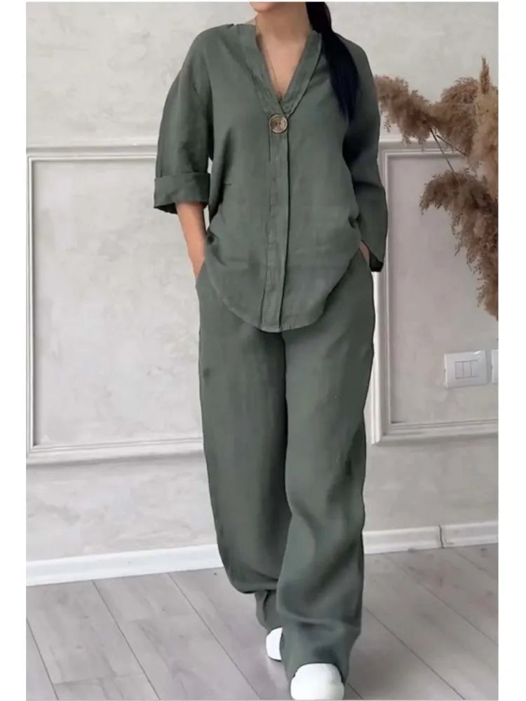 Fashion O Neck Long Sleeve Cotton Linen Shirt Suit Women Spring Autumn Casual Solid Color Pocket Pants Female Office 2 Piece Set