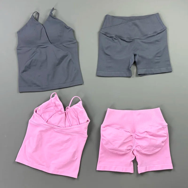 2Pcs Workout Shorts Set Women Cross Waist Scrunch Butt Shorts Tummy Control Racerback Tank Top Running Fitness Two Piece Suit