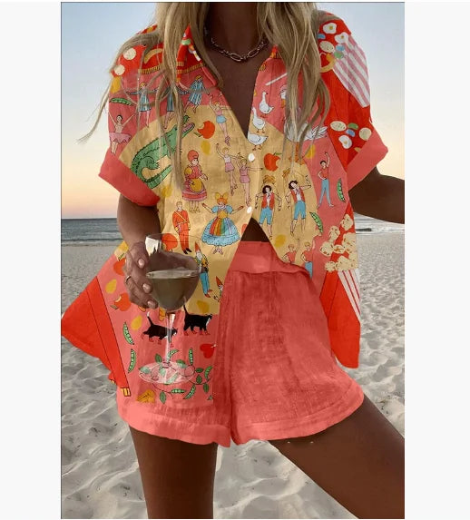 2025 New Summer Vacation Shorts Set 3D Printed Seaside Tropical Casual Lapel Shirt Blouse Top Shorts 2-Piece Suits Beach Holiday