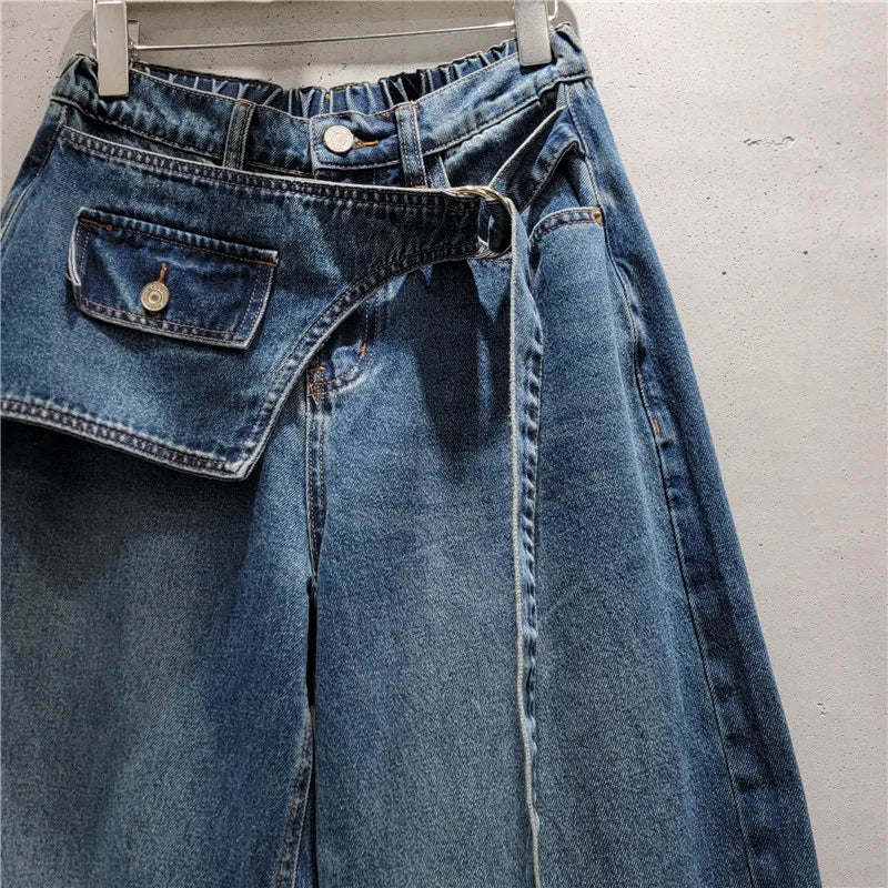 All-match New Spring Autumn Vintage Elastic Waist Women Bootcut Jeans Personality Splicing Fashionable Wide Leg Denim Trousers