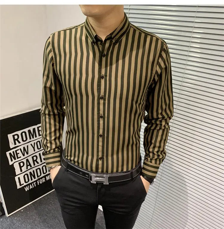 2024 Spring and Autumn Fashion Trend Casual Business Minimalist Buckle Neck Stripe Print Slim Fit Oversize Long Sleeved Shirt