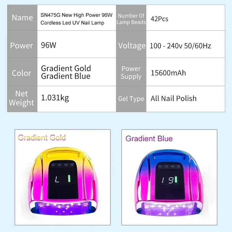 Dual Light Source Rechargeable Nail Lamp with Mirror Bottom Cordless Gel Polish Dryer Pedicure Machine Wireless Nail UV LED Lamp
