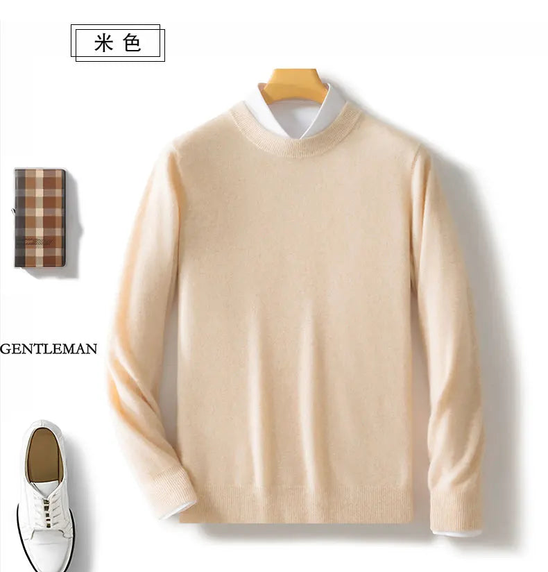 100% wool men's round neck solid color loose knit cashmere pullover for business and leisure, keeping warm in autumn and winter