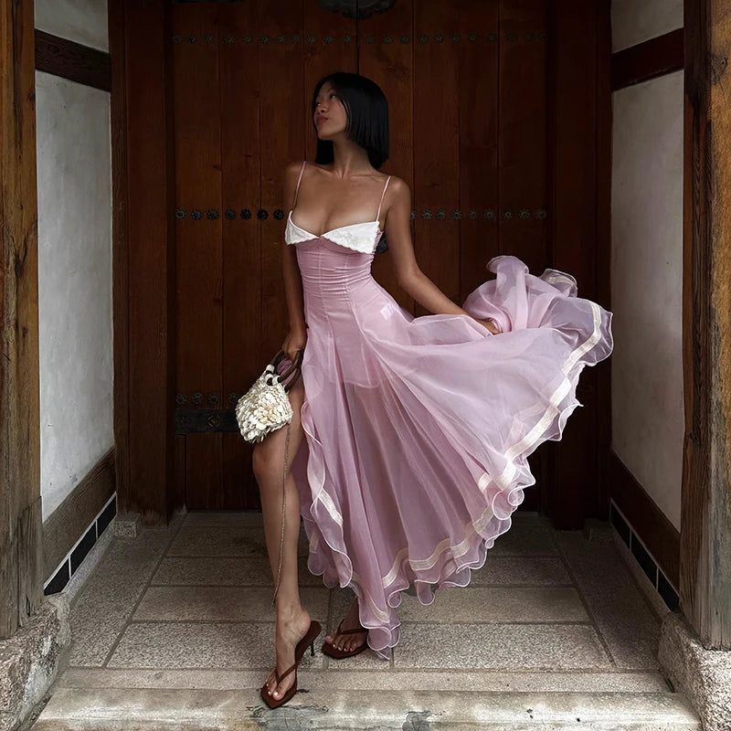 Elegant Pleated Women's Dress Sleeveless Backless Patchwork Waist-Closed Ruffle Hem Sling Maxi Dresses 2026 Summer Female Robe