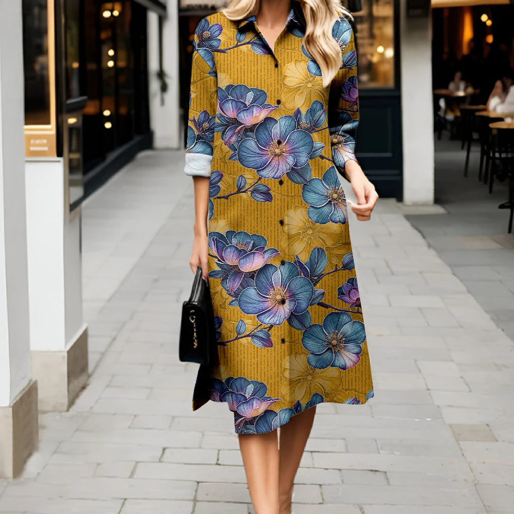 2025 New Women's Shirt Dress Fashion Floral Printing Long Sleeve Lapel Button Dress Casual Loose Streetwear Cardigan Dresses