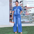 Fashion Women Two Piece Sets Denim Round Neck Short Sleeve Tops Casual Loose Wide Leg Long Pants Set High Waist Y2k Streetwear