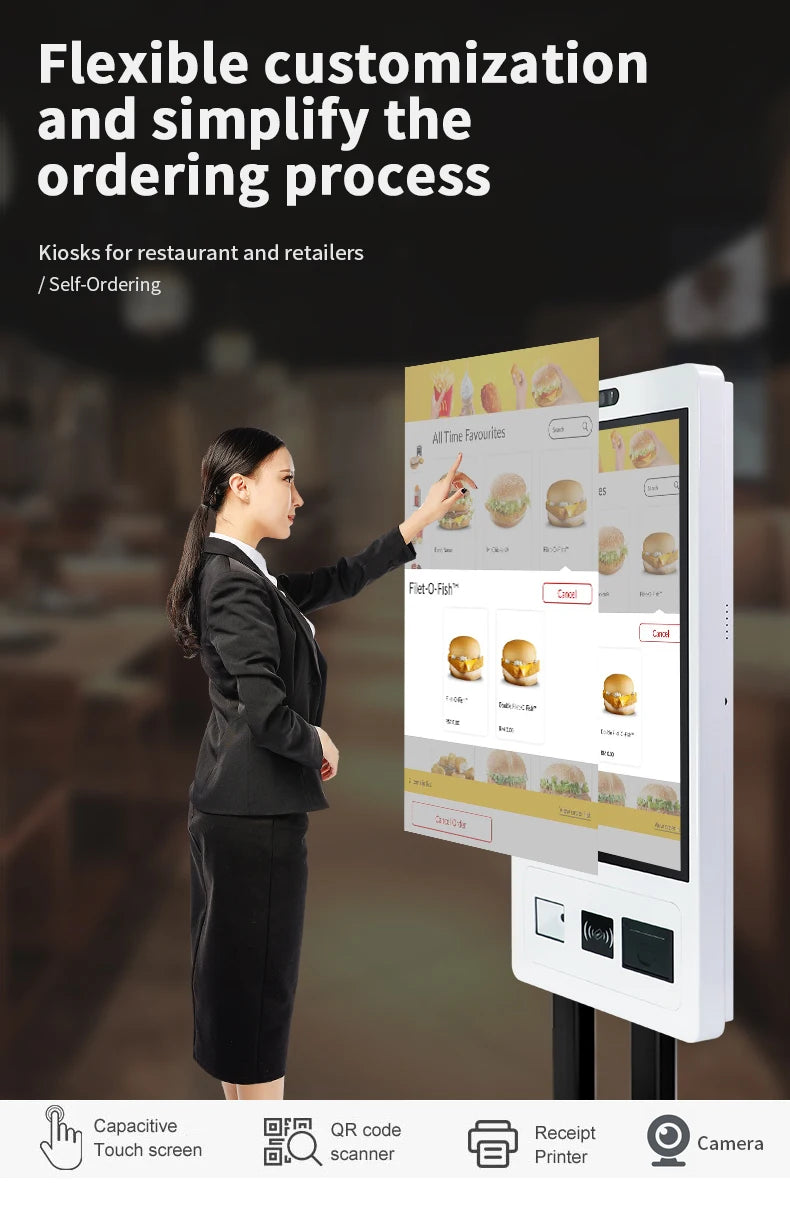 Function Self Service Ordering Totem Machine Wall With Barcode Scanner and Printer Desktop Payment Kiosk 21.5" 23.8" Multi