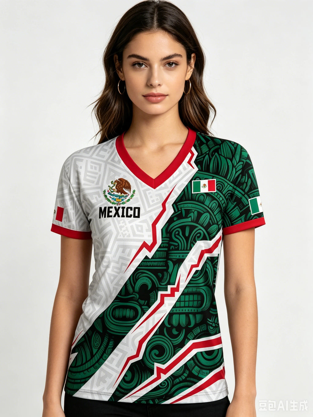 Mexico National Flag 3D Eagle Print Women's T-Shirts Casual V-neck Short Sleeve Tees Fashion Football Fan Summer Female Clothing